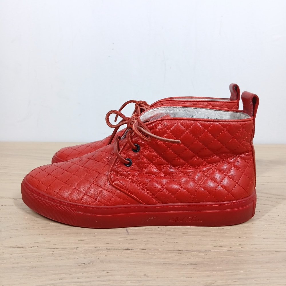 Del Toro Men's 8 Red Quilted Leather High Top Sneakers Made in Italy